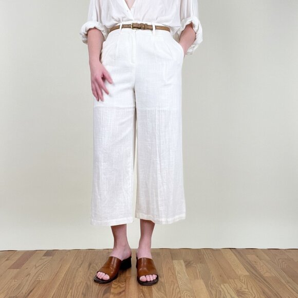 Linen Wide Leg Cropped Trouser Pants High Waisted Old Money Quiet Luxury Coastal - Picture 3 of 9